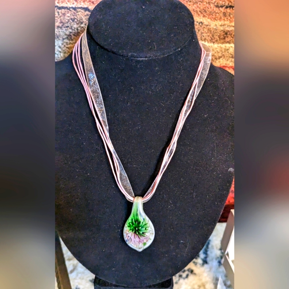 Flower Morano Glass Pendant w/ Silk Chain